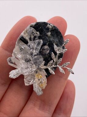 Natural Herkimer Diamond Black Calcite Cluster Statement Ring